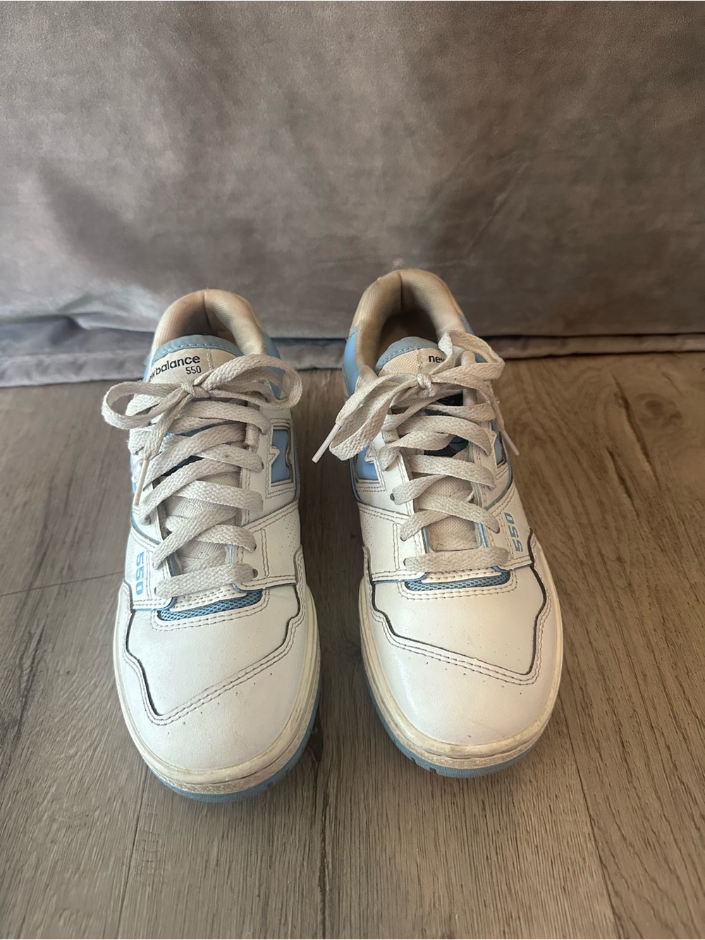 New Balance White and Light Blue 550 Athletic Sneakers
